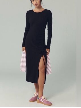 DAILY PRACTICE ANTHROPOLOGIE black ribbed side ruched dress NWT